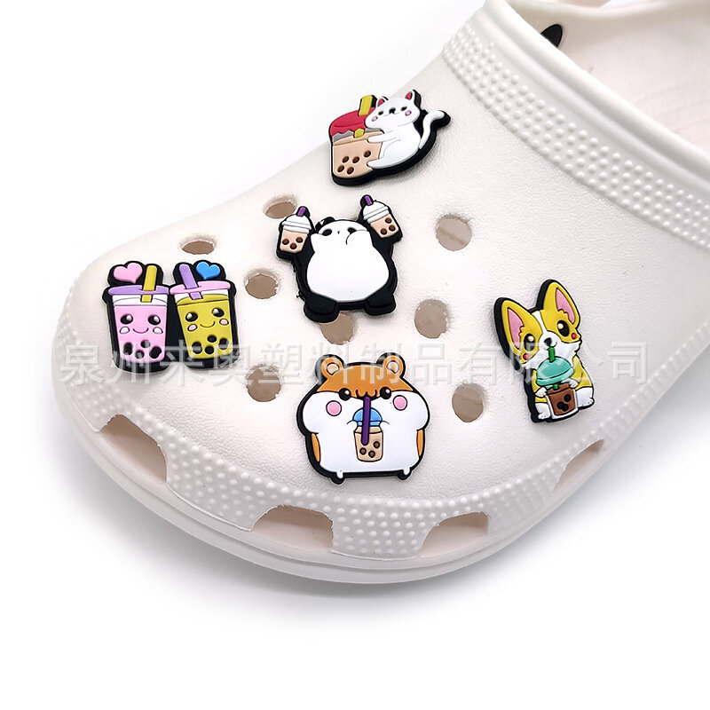 Hot Sale 1 Pcs Cute Milk tea Cat Shoe Charms for Croc Accessories Sandals Decorations Pins Kids Women Favor Gift