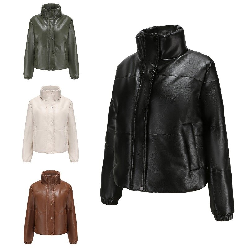 Европейская осенняя и зимняя короткая кожаная куртка для женщин Европейская и американская утолщенная хлопковая куртка