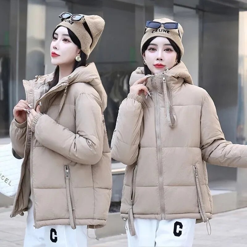2023ใหม่เสื้อโค้ทขนเป็ดมีฮู้ดสไตล์เกาหลีสำหรับผู้หญิงเสื้อคลุมบุผ้าฝ้ายหนาอบอุ่นลำลองสำหรับผู้หญิง