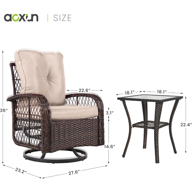 Balancim giratório ao ar livre com mesa lateral pequena, móveis de vime do Rattan, cadeira de balanço para quintal, bege, 3 pcs