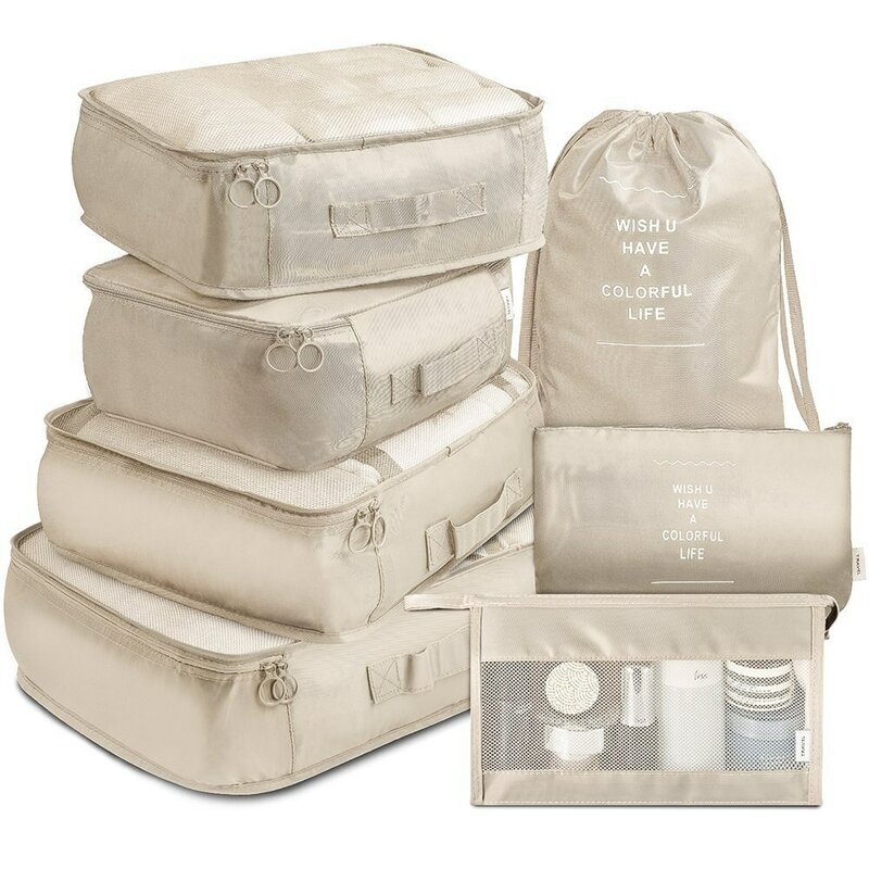 Travel Storage Bag Set para Mulheres, Suitcase Organizer, Bagagem portátil Embalagem Cubos, impermeável Wash Bag, Clothes Storage, 7Pcs