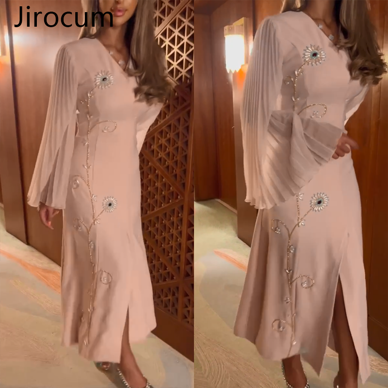 Jirocum V-neck Flower Bead Evening Dress Women's Pleated Elegant Prom Party Gown Flare Sleeve Front Split Formal Occasion Gowns