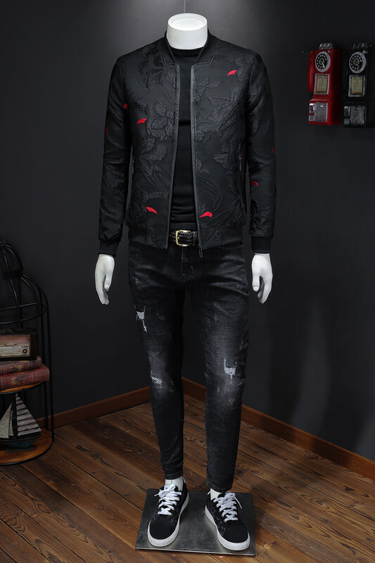 Jaqueta de negócios retrô Slim Fit masculina, jaqueta bomber estampada, casacos elegantes, versão coreana, outono