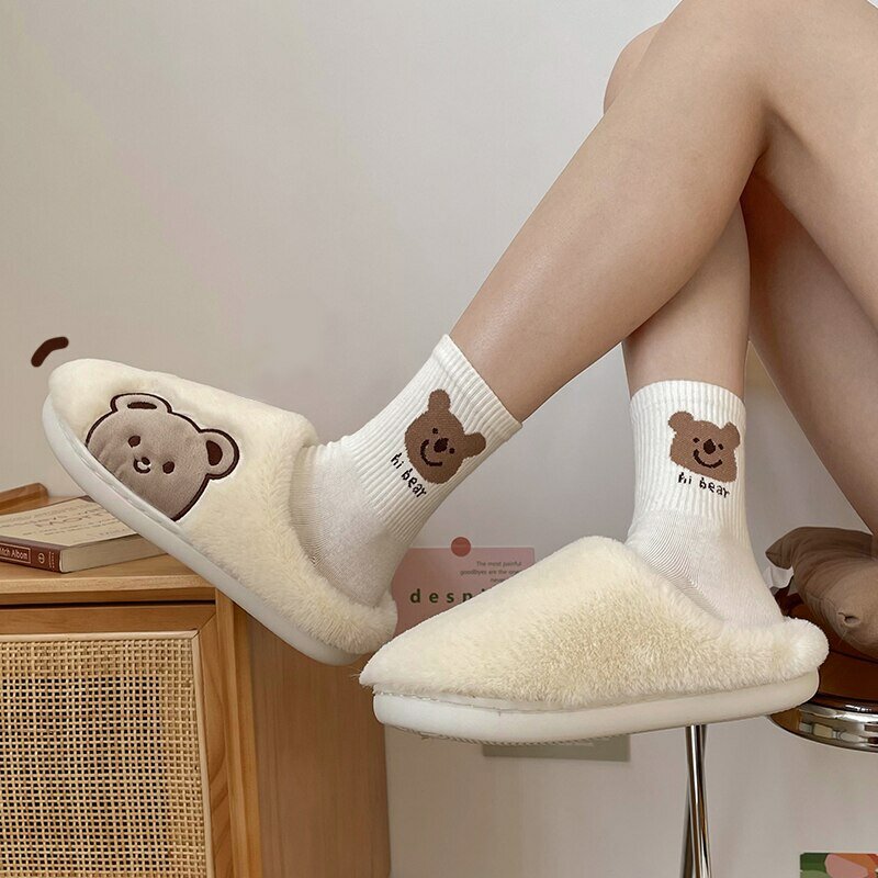 Feslishoet Cute Animal Fur Slipper per donna uomo Fashion Kawaii Fluffy Winter Warm pantofole Cartoon Teddy Bear House Shoes