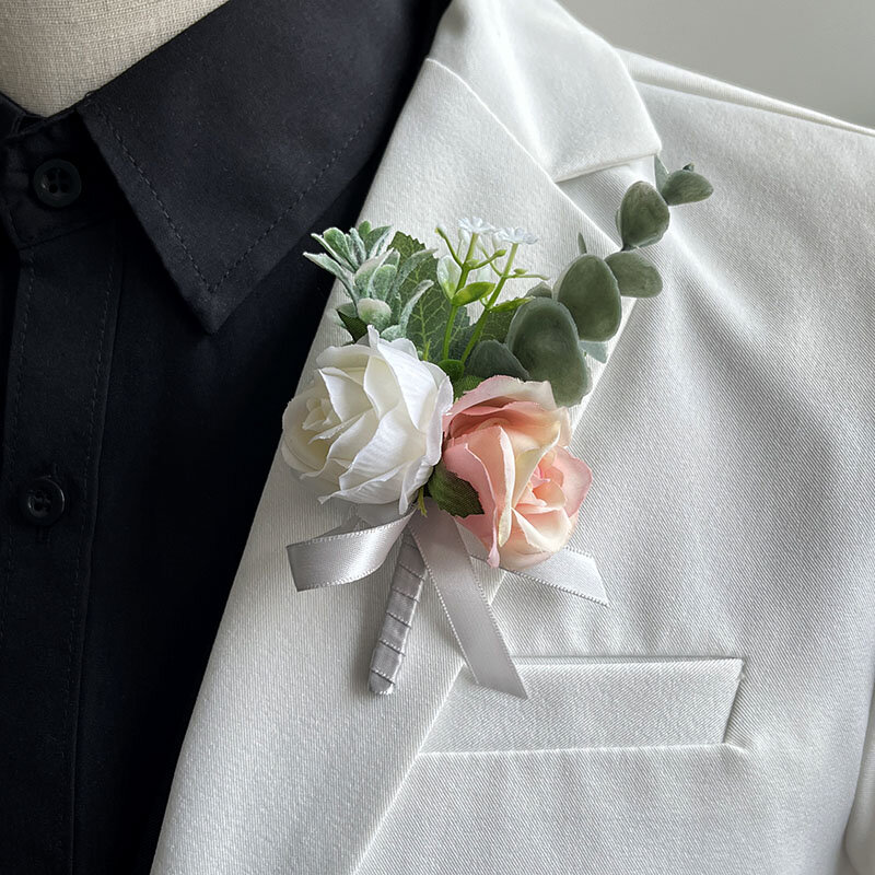 Ramillete para novio, accesorios de boda, broche hecho a mano, rosas de seda, pulsera falsa, flores de ojal para damas de honor, decoración de Graduación