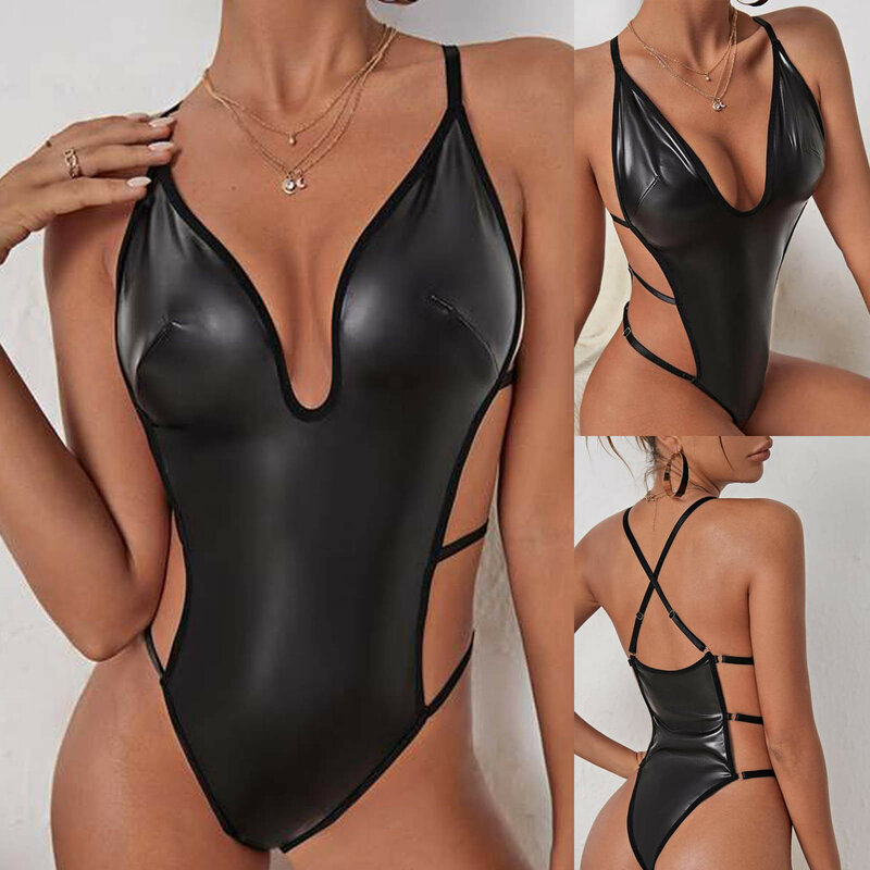 Latex Bodysuit Sexy Lace Up Hollow Tops Black Patchwork Hollow Out PU Body Sissy Leather Crotchless Tight Erotic Bodysuit