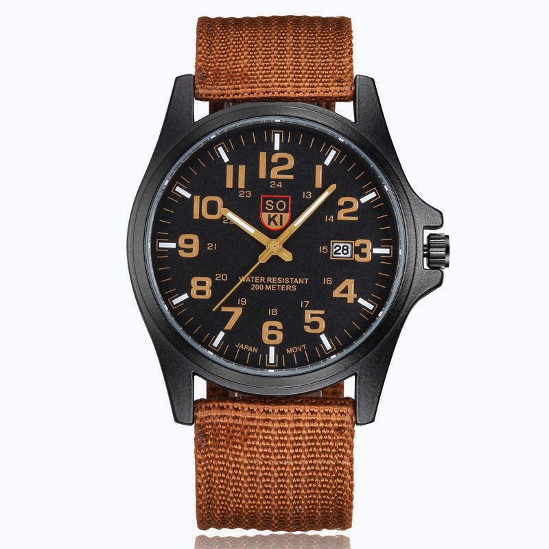 Men's Nylon Strap Quartz Watch, simples mostrador de vidro redondo, data, trabalho diário, moda esportiva, marrom, 1pc