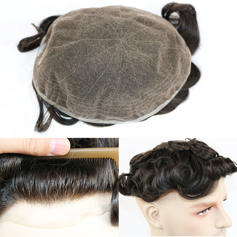 Tupé de cabello humano de encaje completo para hombres, sistema de reemplazo de cabello liso/ondulado, prótesis, postizo 1B #3, nudos blanqueadores