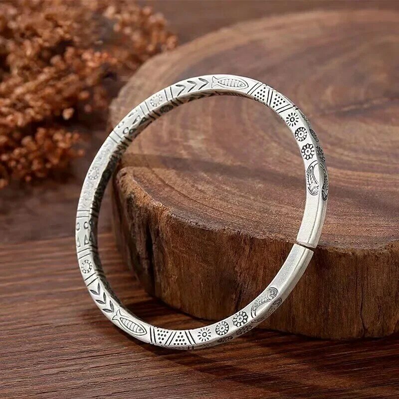 Mencheese 999 Silver Bracelet Vintage Solid Couple Hand Chain Ancient Simple Style Handmade Solid Opening Live Bangle