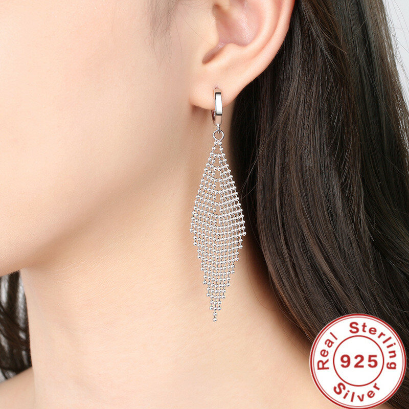 New 925 Sterling Silver Long Earrings Tassel Beads Long Earrings For Women'S Wedding Fashion Jewelry Gifts