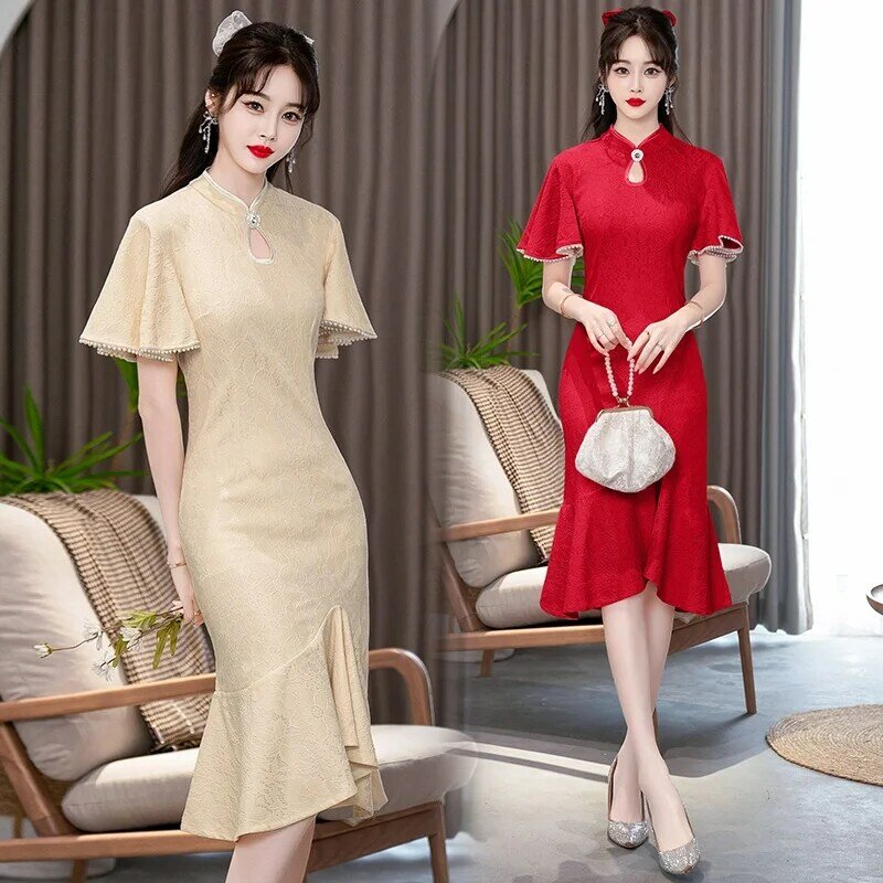Plus size 4xl verão novo elegante retro magro melhorado cheongsam vestido de renda moda casual jantar festa formatura midi vestidos
