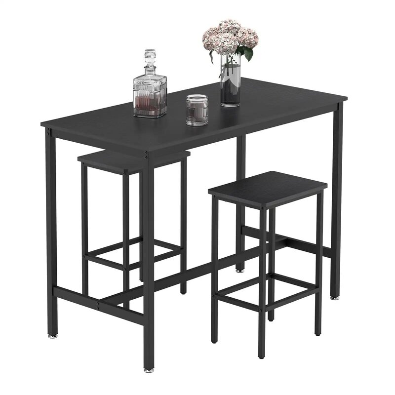 3 Piece Bar Table and 2 Chairs Set Counter Height Dining Set Pub Table Set w/ 2 Stools, Black