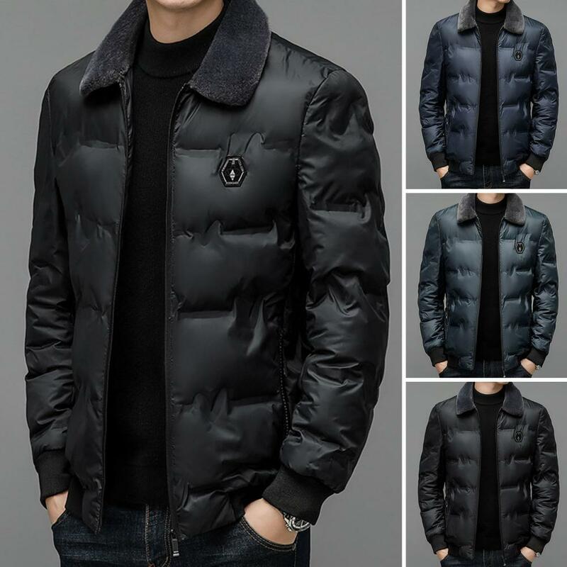 Jaqueta térmica de fecho de zíper masculino, casaco acolchoado à prova de vento, lapela de peles artificiais, bolsos, espessado, outono, inverno
