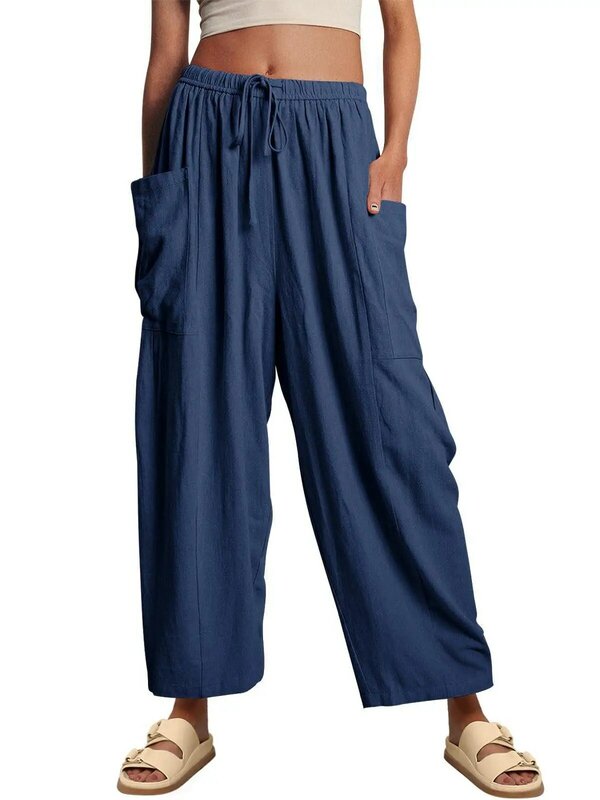 Pantalones plisados de lino y algodón, pantalón holgado informal de pierna ancha y cintura alta, Color puro, moda de verano, novedad de 2023