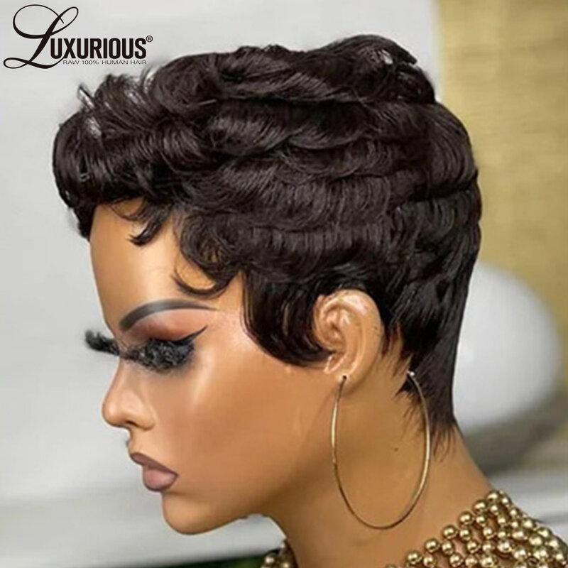 Fryzura Pixie imbirowe krótkie peruki dla czarnych kobiet burgundowe bezklejowe peruki z kręconymi włosami brazylijskie dziewicze Remy ludzkie włosy pełne peruki wykonane maszynowo