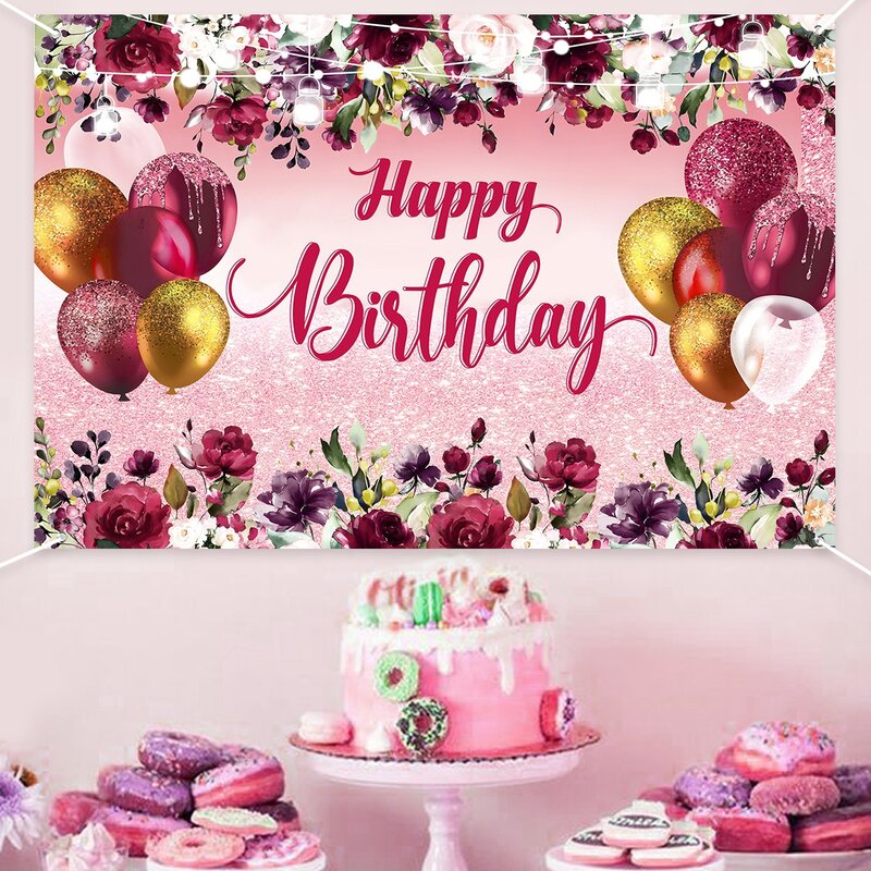 Szczęśliwy tło na urodziny balon kwiatowy dekoracje urodzinowe dzieci dziewczyny materiały urodzinowe wystrój Baby Shower