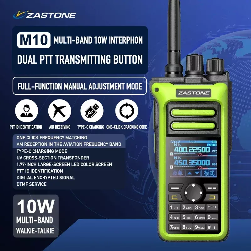 ZASTONE-walkie-talkie M10 de 10W, Radio Amateur de 2 vías, IP65, 199 canales, CTCSS, Radio FM, AM, banda de aviación aérea, alta potencia
