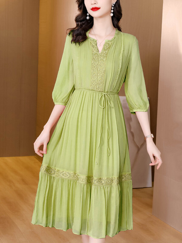2023 Boho Pint Silk Licht Elegante Kleid Sommer Mode Stickerei V-ausschnitt Midi Kleider Frauen Hight Qualität Bodycon Partei Vestidos