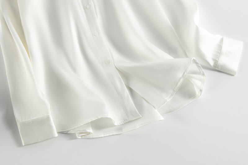 35MM Heavyweight 100% Natural Mulberry Silk Plain Satin Turn-down Collar OL Style White Versatile Casual Long Sleeved Shirt
