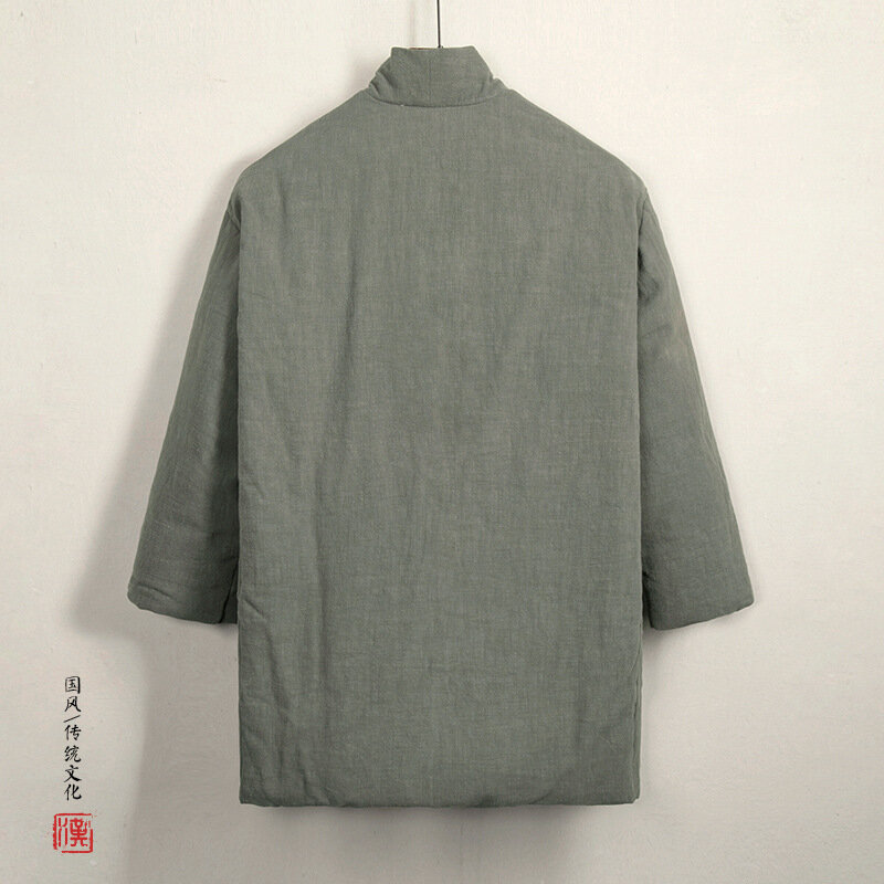 Tang Suit acolchada-Chaqueta de algodón para hombre, abrigo grueso de estilo chino, Parkas orientales Vintage de lino y algodón de Color sólido para invierno