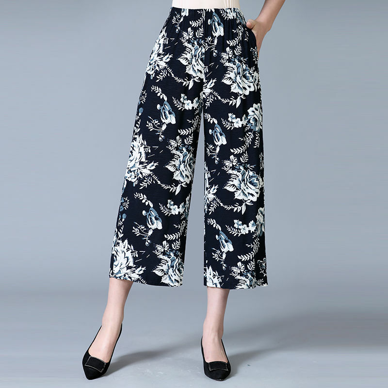 Loose Straight Temperament New Elegant Elastic Waist Women's Clothing Korean Pocket Summer Printing Comfortable Wide Leg Pants