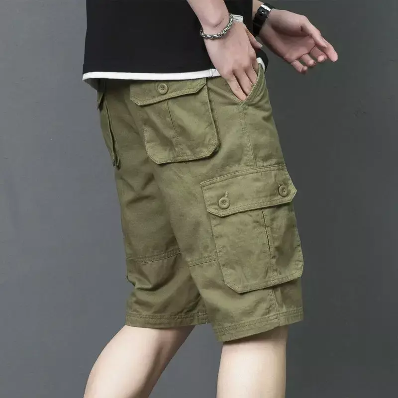 Pantalones cortos Cargo con botones y cremallera para hombre, ropa de trabajo, elegantes, informales, de algodón, sueltos, Harajuku, novedad