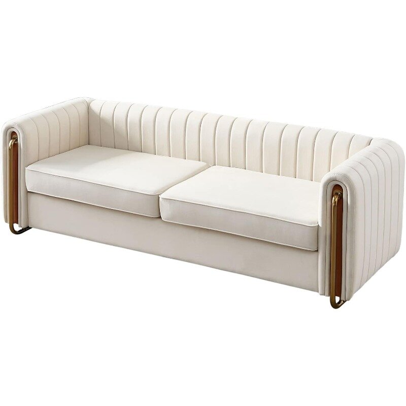 Sofá tapizado de lino con 2 almohadas para sala de estar, muebles de decoración de brazo alto, tapizado con botón largo, 84 pulgadas