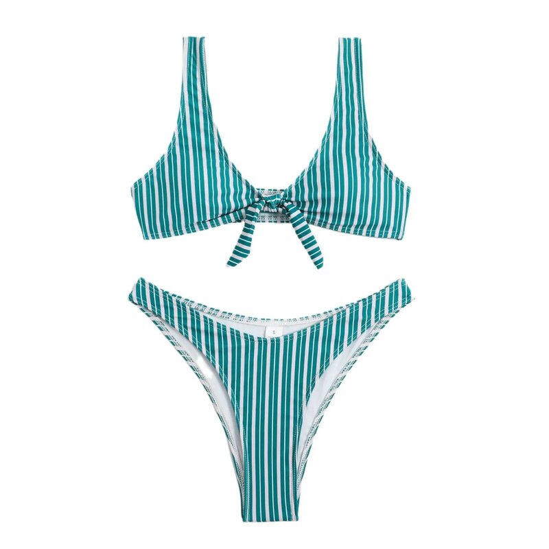 Pakaian renang Bikini bergaris hijau seksi baru pakaian renang wanita pakaian pantai Thong pakaian mandi Set Bikini Brasil baju renang 2024