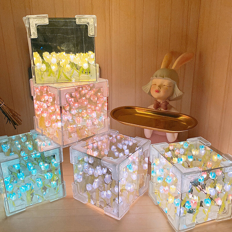DIY Tulip Mirror Night Light Handmade DIY Tulip Flower Magic Cube Mirror Table Lamp Home Decoration For Girls Friends Gifts