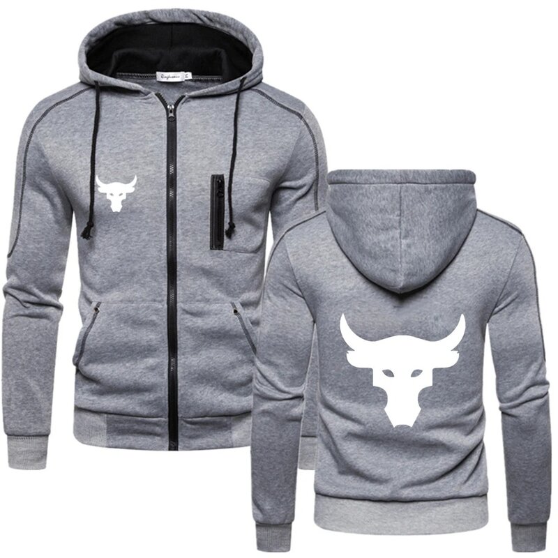 2024 Spring Autumn Men's Dwayne Johnson Brahma Bull Tattoo Logo Print Hooded Sweatshirt Fashion Zipper Casual Sports Jacket Coat