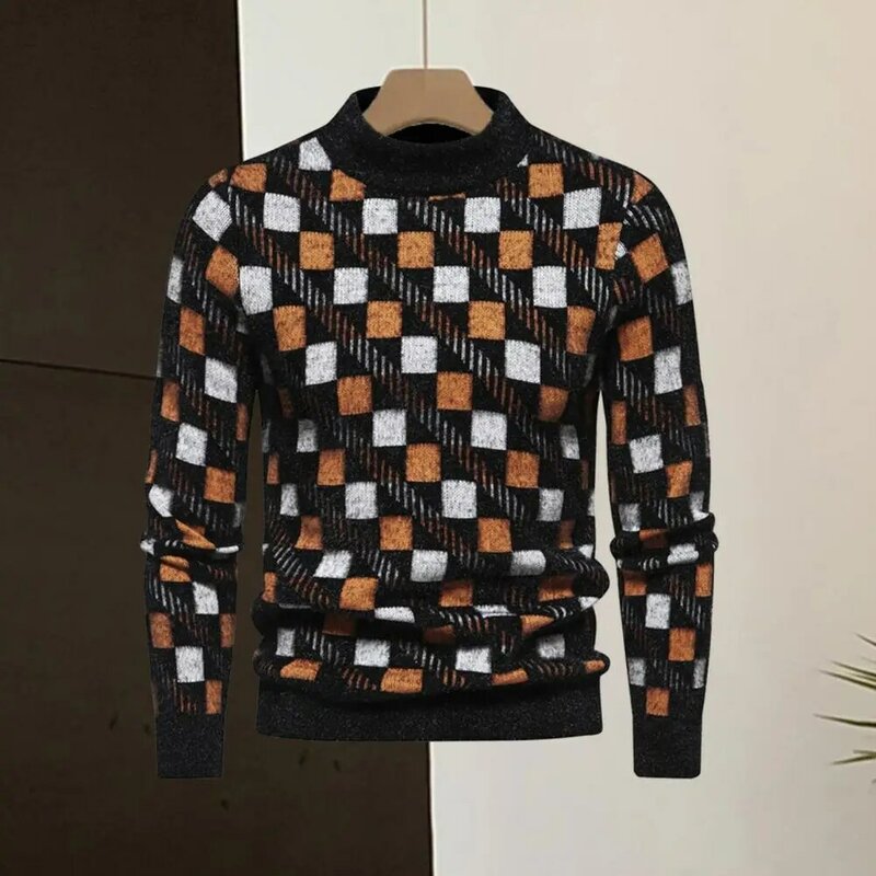 Suéter de pelúcia padrão geométrico masculino, pulôver gola redonda, impressão geométrica, quente, negócio, outono