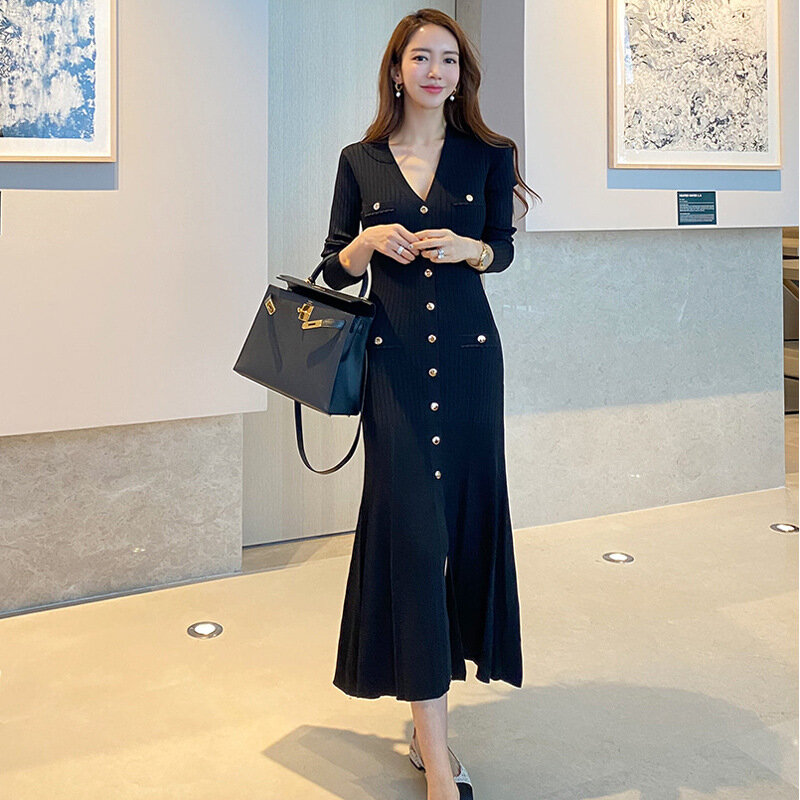 Vintage Korean Maxi Dresses for Women Party Long Sleeve V-neck Mermaid Dress Elegant Fashion Ladies Vestidos Femme Autumn 2023