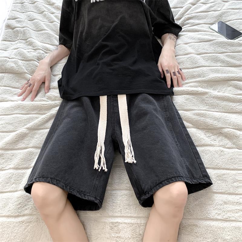 Celana pendek denim pria, gaya Hong Kong ins retro anyaman celana pendek pria musim panas tipis longgar kasual tren serbaguna celana siswa Pria pakaian atasan y2k