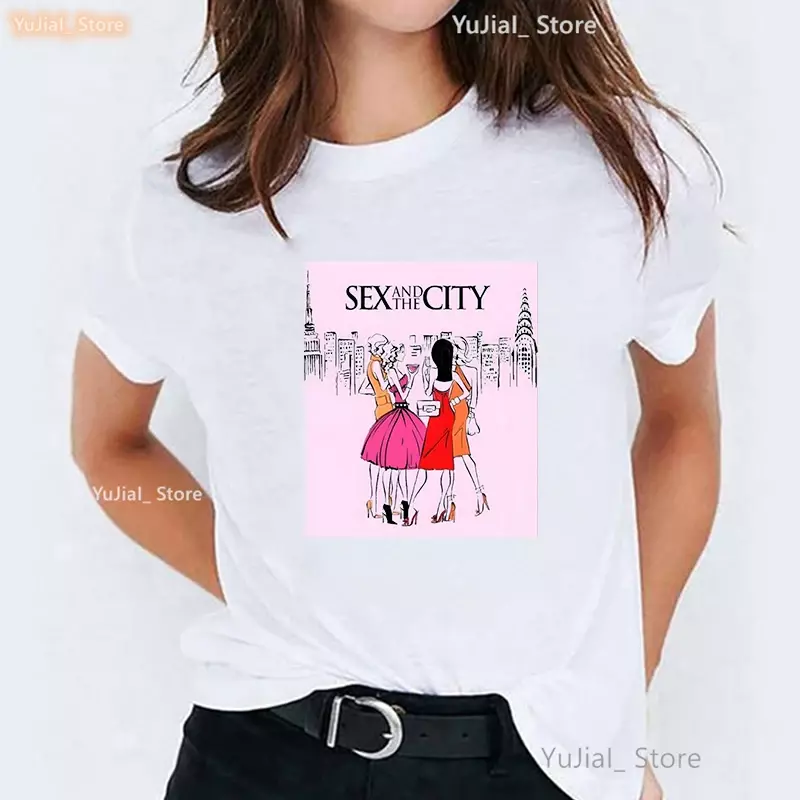 Camiseta gráfica com estampa feminina e feminina do sexo e da cidade, tops de verão, camiseta branca casual, camiseta feminina, vintage, 2024