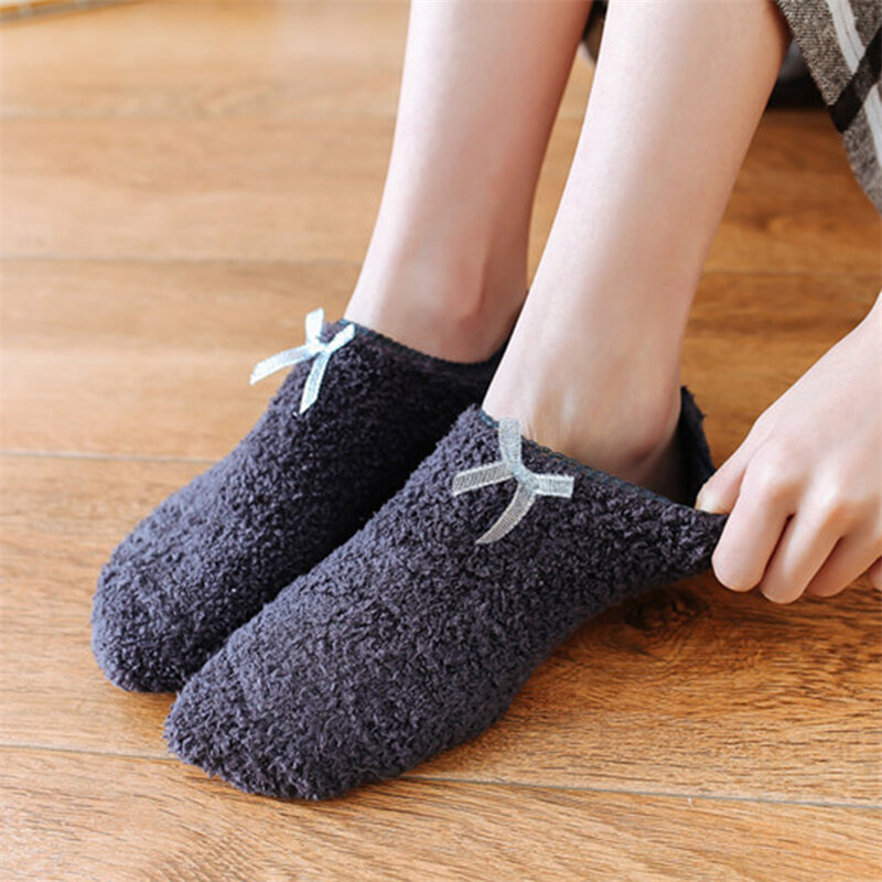 Winter Plush Socks Women Short Thicken Invisible Warm Soft Slippers Low Cut Socks Striped Ladies Ankle Boat Sock Girls