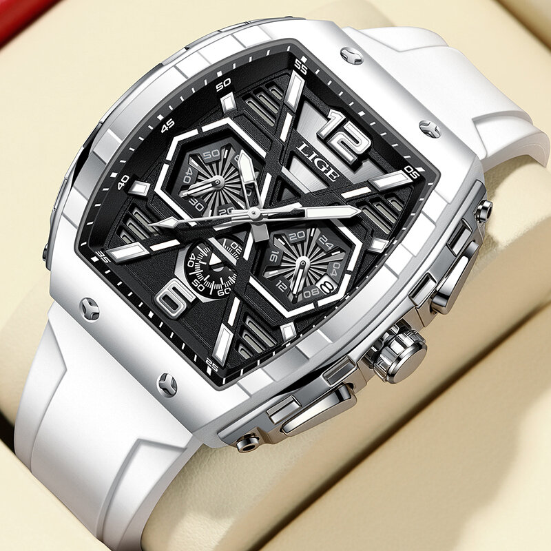 LIGE Men's Watches Date Luminous Original Quartz Watch for Man Waterproof Luminous Silicone  Strap  Rectangular Wristwatch Male