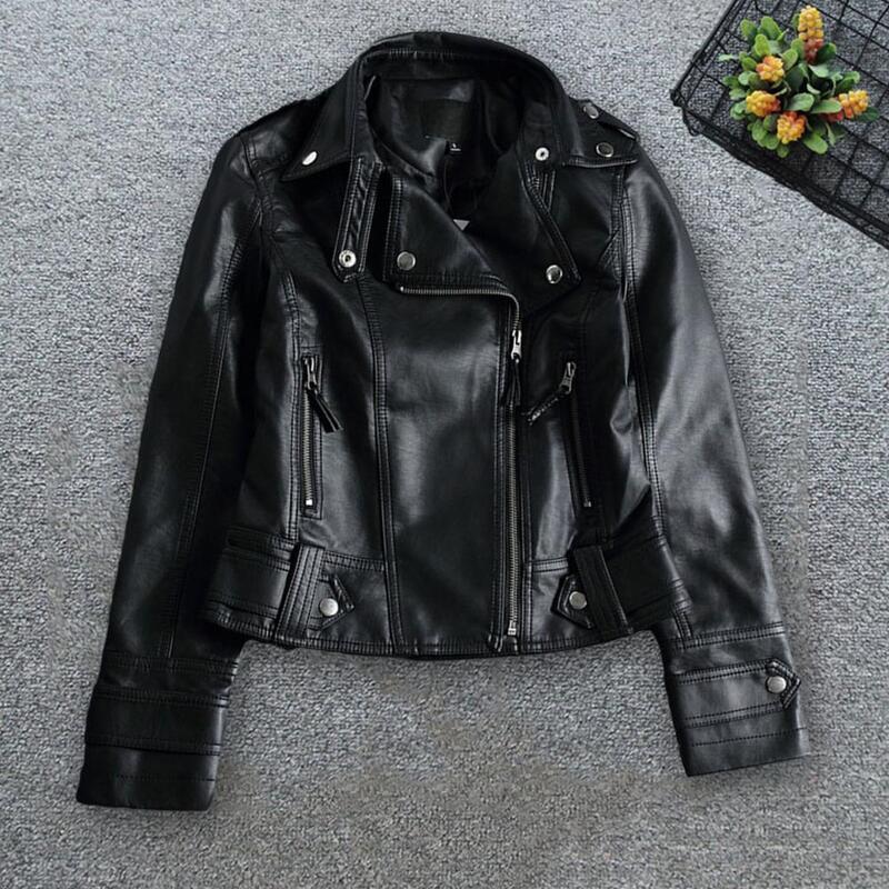 Women Motorcycle Jacket Stylish Women's Faux Leather Motorcycle Jacket with Zipper Placket Lapel Long Sleeve for Spring