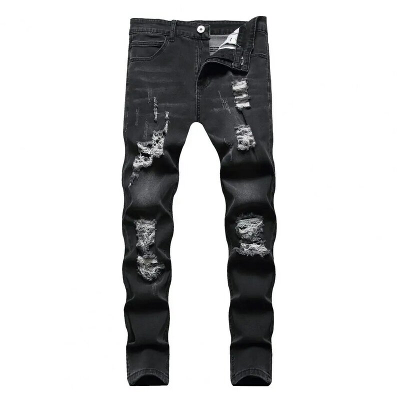 Men Straight Fit Jeans Stylish Men's Ripped Jeans Slim Fit Breathable Fabric Hop Streetwear Mid Waist Color Matching Button-zip