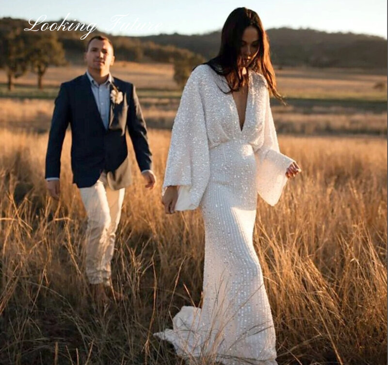Vestido de casamento com brilhantes lantejoulas, mangas compridas, vestido de noiva com brilho profundo, vestido de noiva sem costas, luxo, 2024
