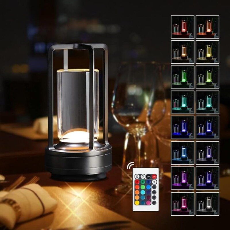 Lampu meja logam portabel 16 warna, lampu meja dekorasi ruangan kecerahan tanpa langkah, lampu isi ulang kontrol sentuh (hitam)