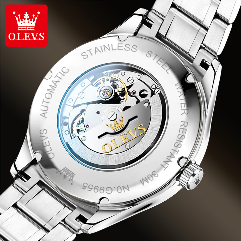OLEVS-Reloj mecánico de lujo para Hombre, accesorio de pulsera resistente al agua con correa de acero inoxidable, automático, color gris
