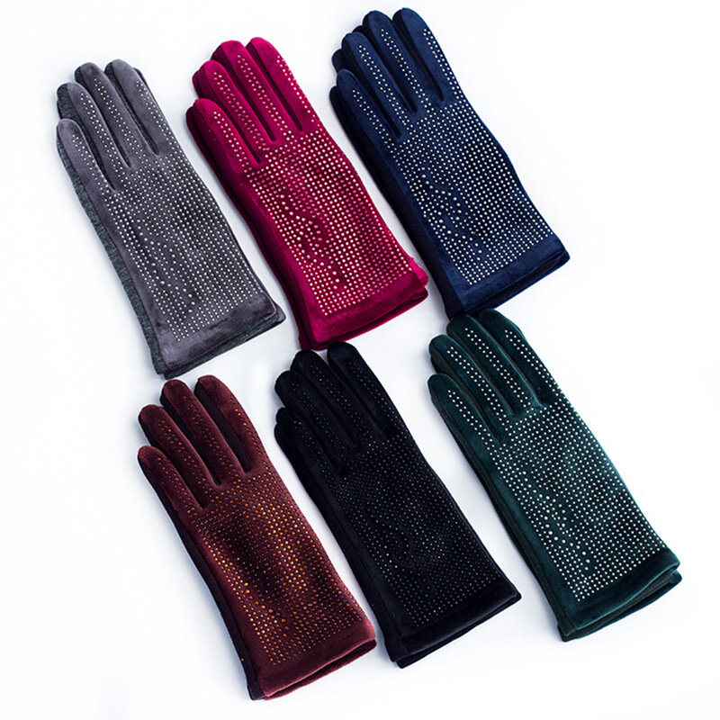 Women Autumn Winter Keep Warm Touch Screen Shiny Hot Drills Fashion Personality Gloves Elasticity Drive Cycling Windproof