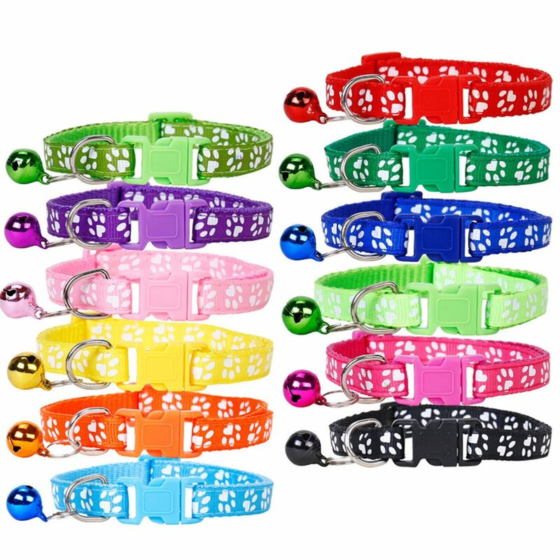 6PCS Adjustable Nylon Footprint Buckle Ribbon Cute Paw Print Necklace Pet Cat Bell Collar for Kittens Puppy Neck Straps