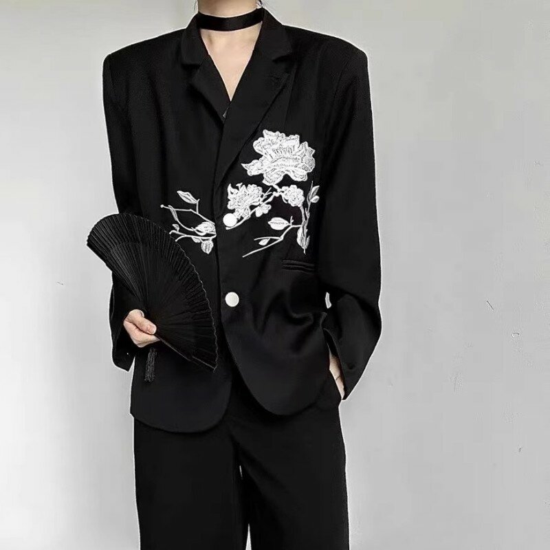 Yamamotostyle Blazer Design Sense New Chinese Rose ricamo Casual scuro allentato vestito nero per uomini e donne