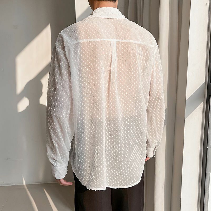 2024 New Spring Summer Male Clothes Fashion Shirts Casual Hollow Perspective Sunscreen Solid Color Men's Long Sleeved Shirt
