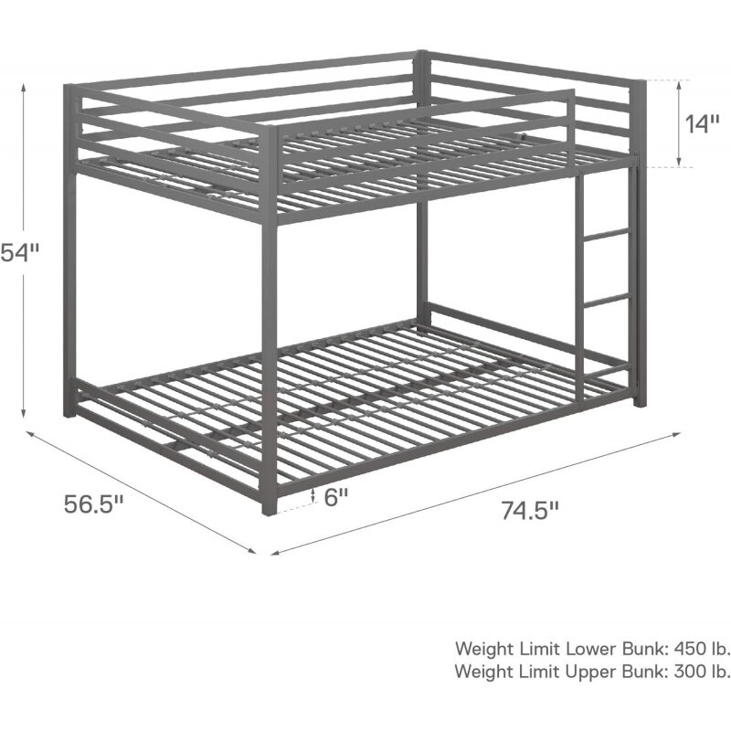 DHP mil metalowe łóżko piętrowe dla dzieci, pełny/pełny, srebrny