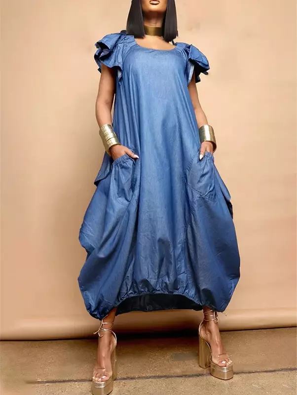 Женское платье-миди с коротким рукавом, круглым вырезом и воланом