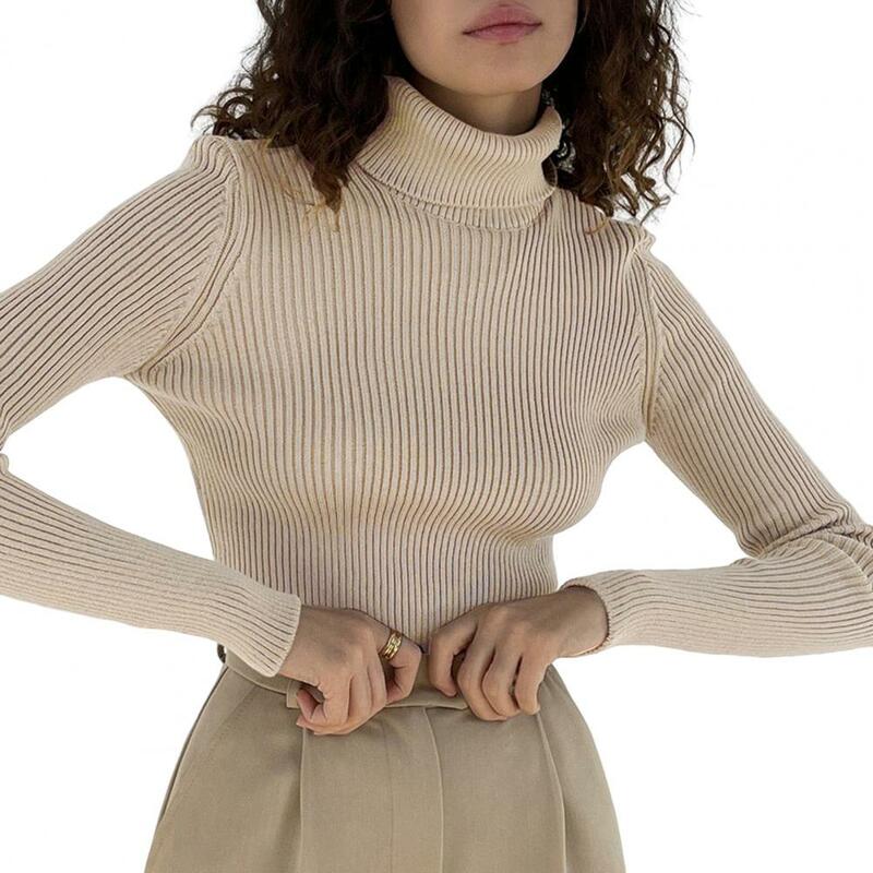 Fall Winter Sweater Ladies High Collar Knit Slim Fit Elastic Striped Texture Long Sleeve Anti-shrink Lady Bottoming Top 2023
