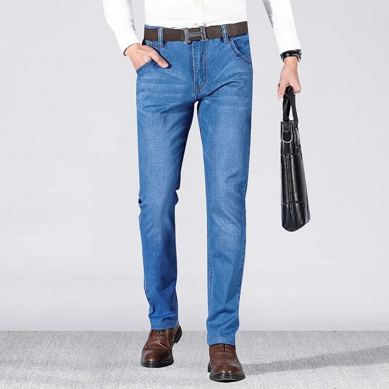 Primavera militar calças de brim retas dos homens estiramento calças de brim cintura alta ajuste retro tático jeans masculino leve denim calças compridas