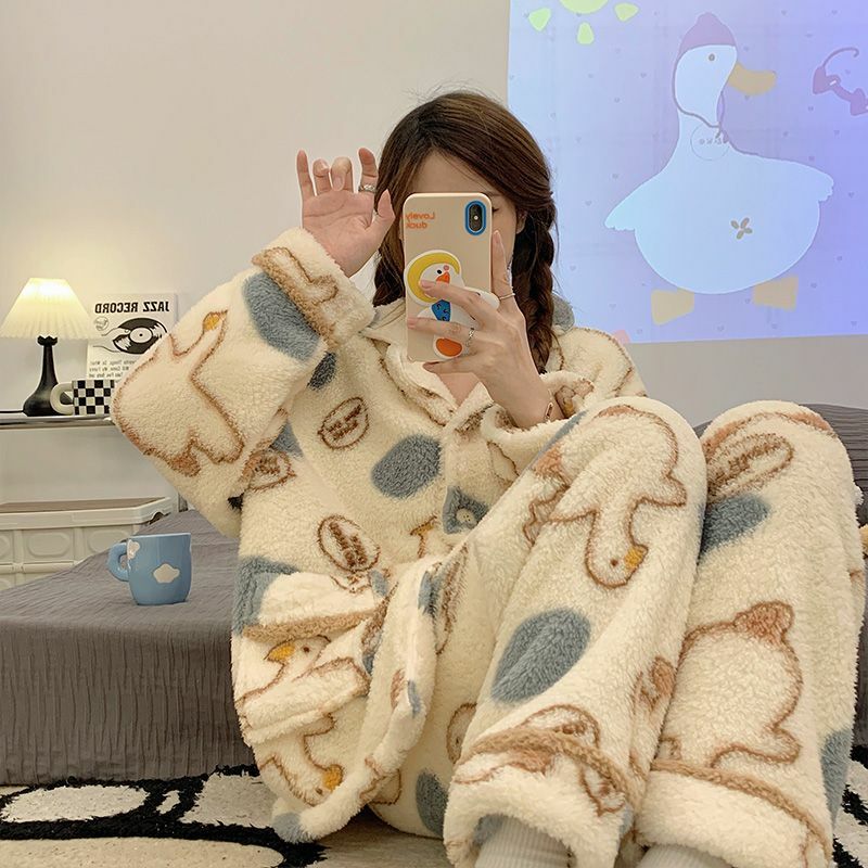 Coral Fleece Autumn Winter Pajama Female Online Celebrity Warm Add Fleece To Thicken Set Sweet and Loose Flannel Cute Loungewear